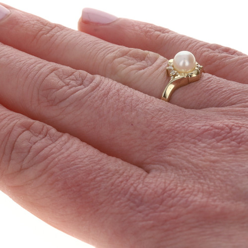 Yellow Gold Cultured Pearl Diamond Bypass Ring - 10k Bead